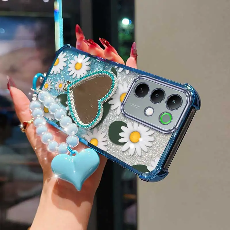 White Daisy Phone Accessory Set: Case, Lanyard, and Circular Stand