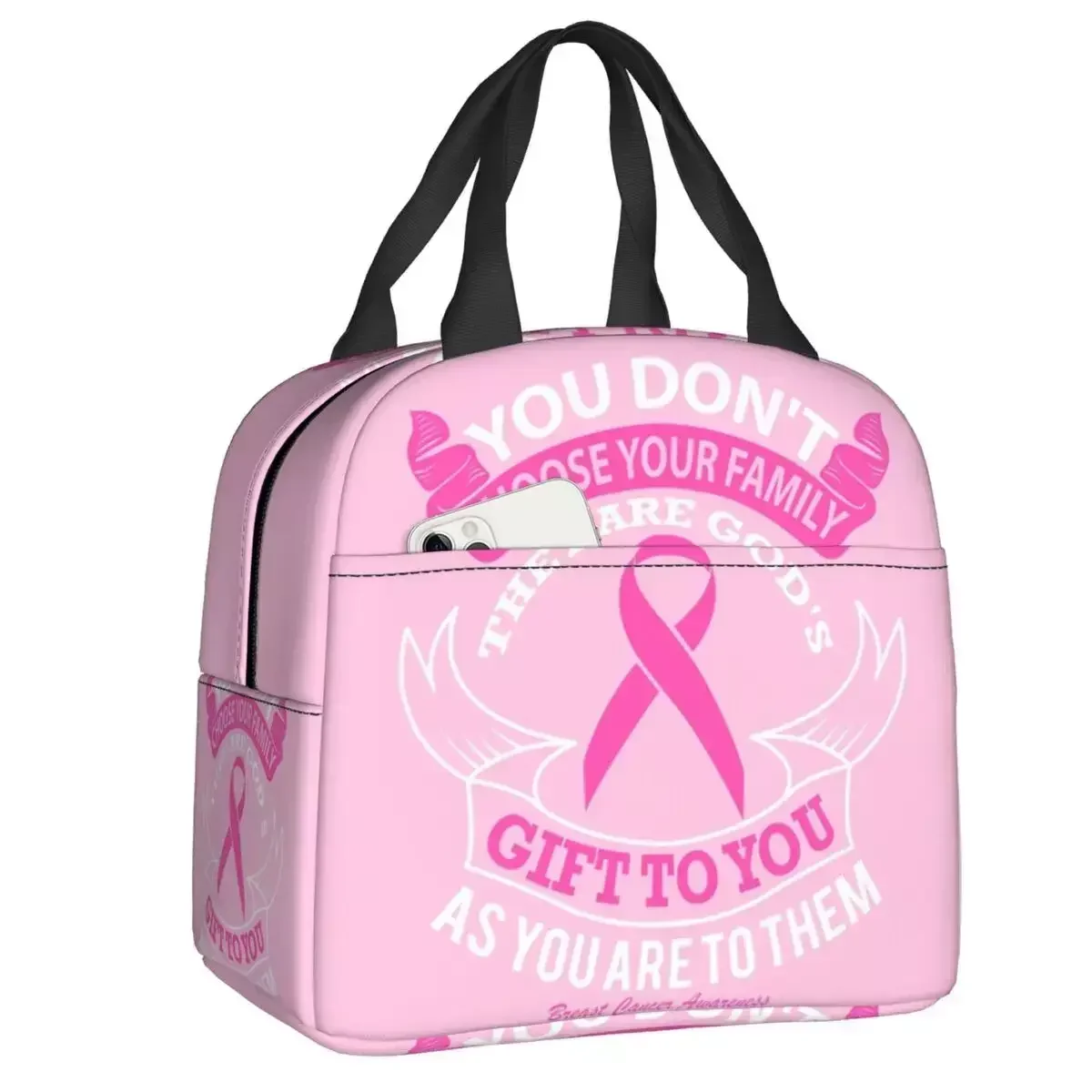 

2024 New Pink Breast Cancer Ribbon Insulated Lunch Tote Bag For Women Resuable Cooler Thermal Food Lunch Box School