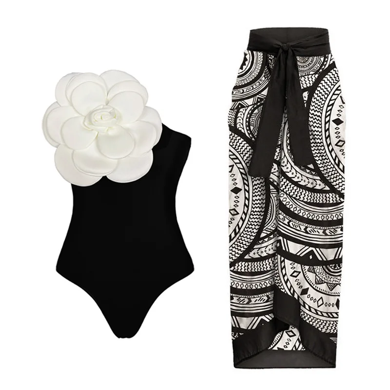 

2024 New 3D White 3D Large Flower Decoration Solid Color Sexy One Piece Swimsuit