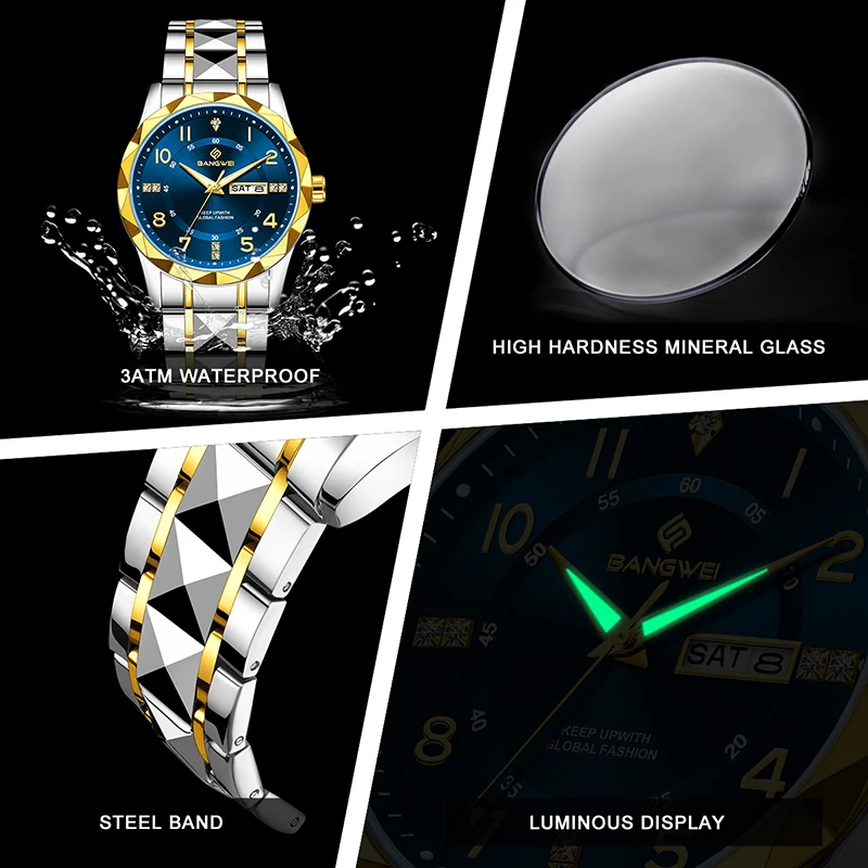 BANGWEI New Original Diamond Quartz Watch for Women Fashion Elegant Ladies Watches Stainless Steel Waterproof Women's Wristwatch