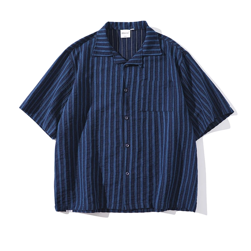 

Summer Men Cuban Collar Vintage Cityboy Japanese Streetwear Loose Casual Oversize Short Sleeve Stripe Shirts Man Blouses