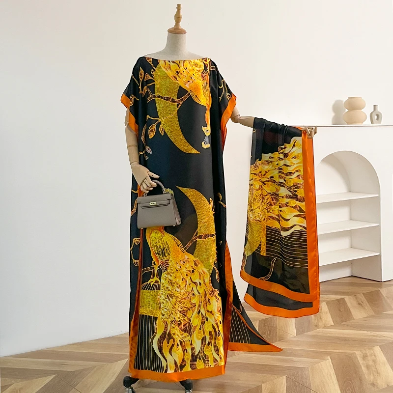 2025 Summer New Fashion African Dresses For Women Elegant Printed Silk Muslim Lady Long Hijab Kaftan Dress Oversize Kuwait Abaya