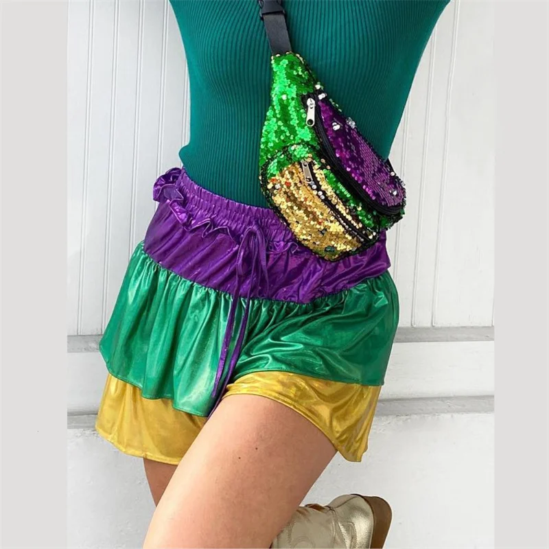 

Women Shorts Mardi Gras Clothing Patchwork Drawstring Elastic Waist Ruffle Tiered Hot Pants 2000s Aesthetic Clothes Streetwear