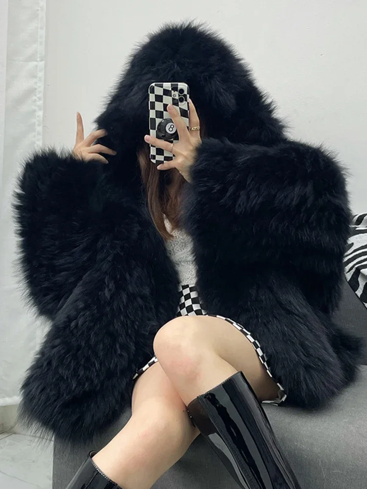 

Winter Shaggy Hairy Thick Warm Soft Colored Faux Fur Jacket Women with Hood Bat Sleeved Loose Casual Designer Clothes B279