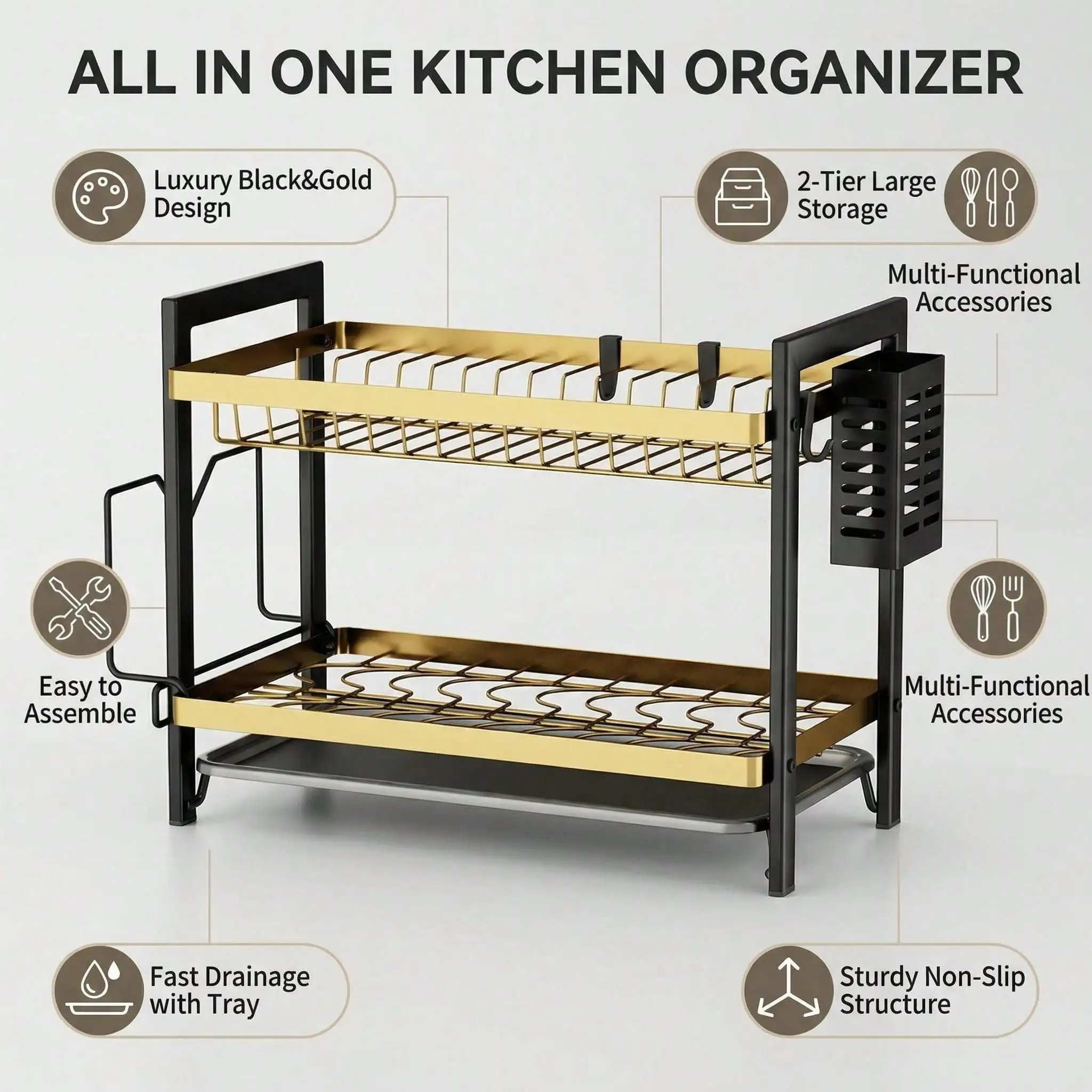 Kitchen 2-Tier Dish Rack With Utensil Holder & Hooks 1