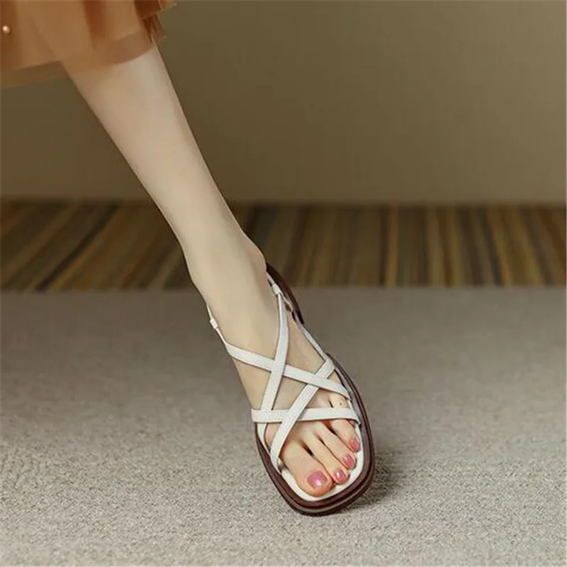 

new 2023 Summer Shoes Woman Sandals Flat Sandalias Pu Leather Narrow Straps Gladiator Beach Sandals Hollow Peep Toe Slides Shoes