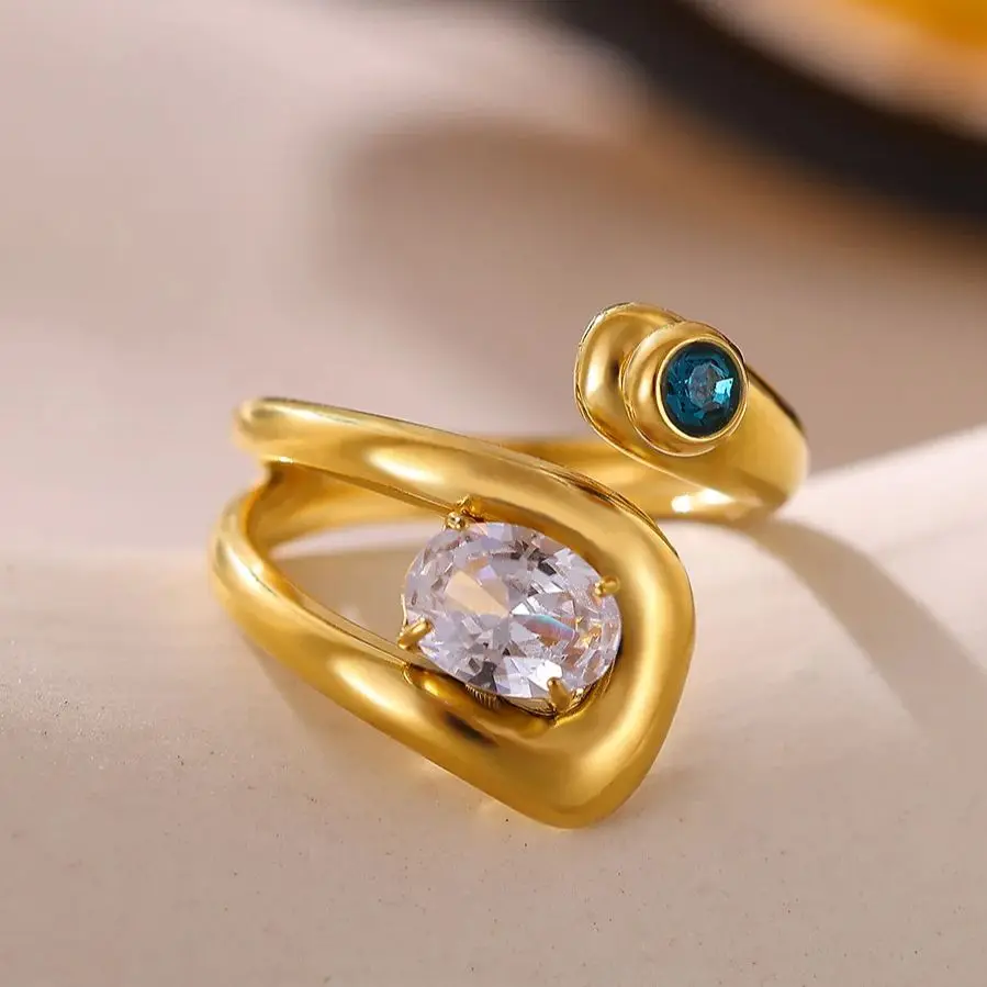 Zircon Snake-Shape Rings 18K Gold Plated Stainless Steel Geometric for Women