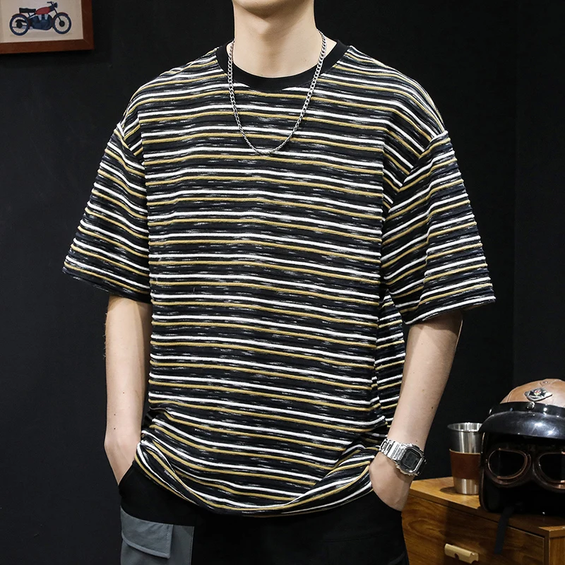 

Футболка мужская с коротким рукавом, модная брендовая рубашка в полоску, свободная повседневная Тяжелая футболка в американском стиле, с рукавом до локтя, большие размеры, на лето