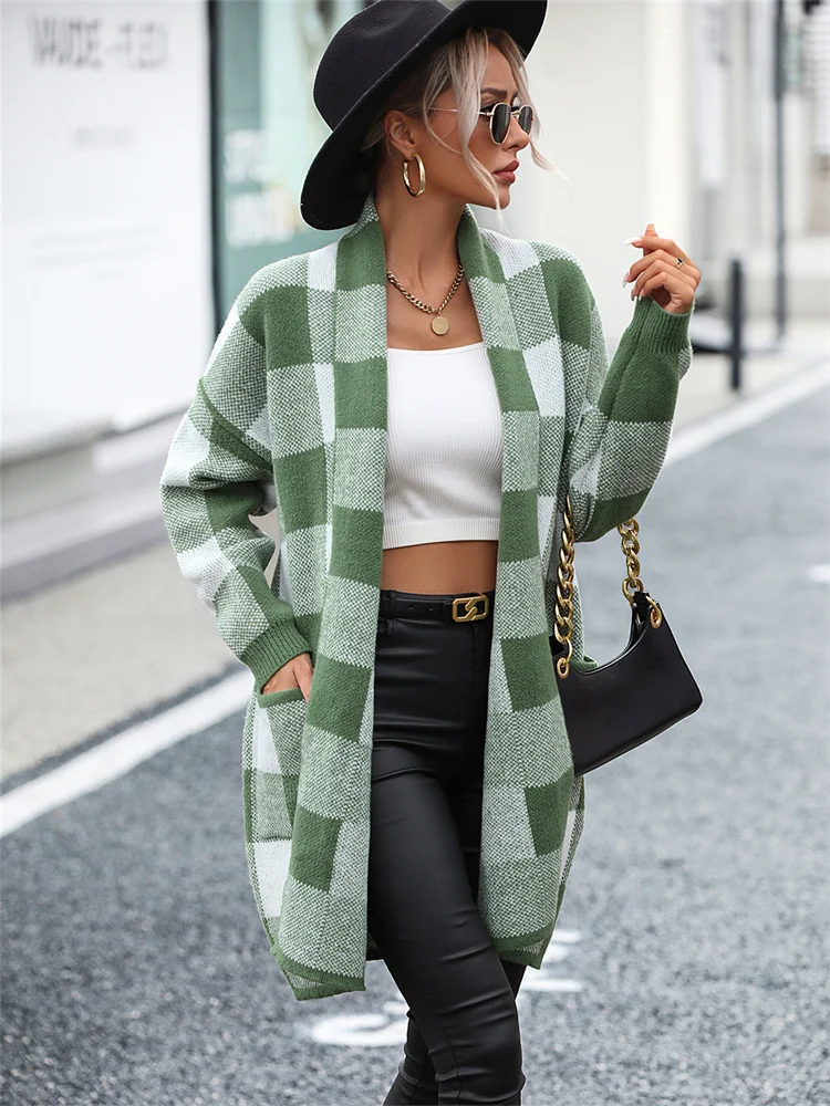 Plaid Long Cardigan Women Autumn Winter Thick Knit Sweater Female Fashion  Loose Patchwork Cardigans with Pockets Elegant Coats - AliExpress