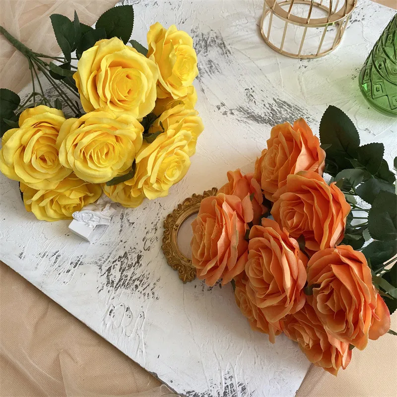 10 Rosas Artificiales Amarillas De Seda - 52cm De Alto, Realistas, Para Decorar Casa, Oficina O Fiestas