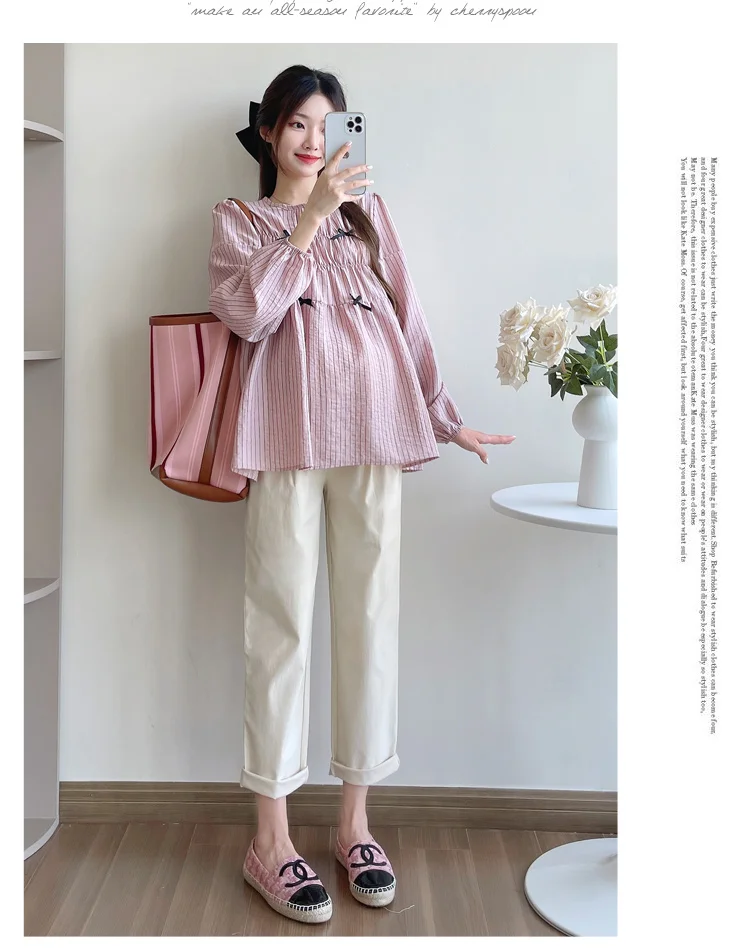 Korean Style Pregnant Women's Striped Shirts Long Sleeved Pleated High Waist Maternity Blouses with Bowknots Pregnancy Loose Top