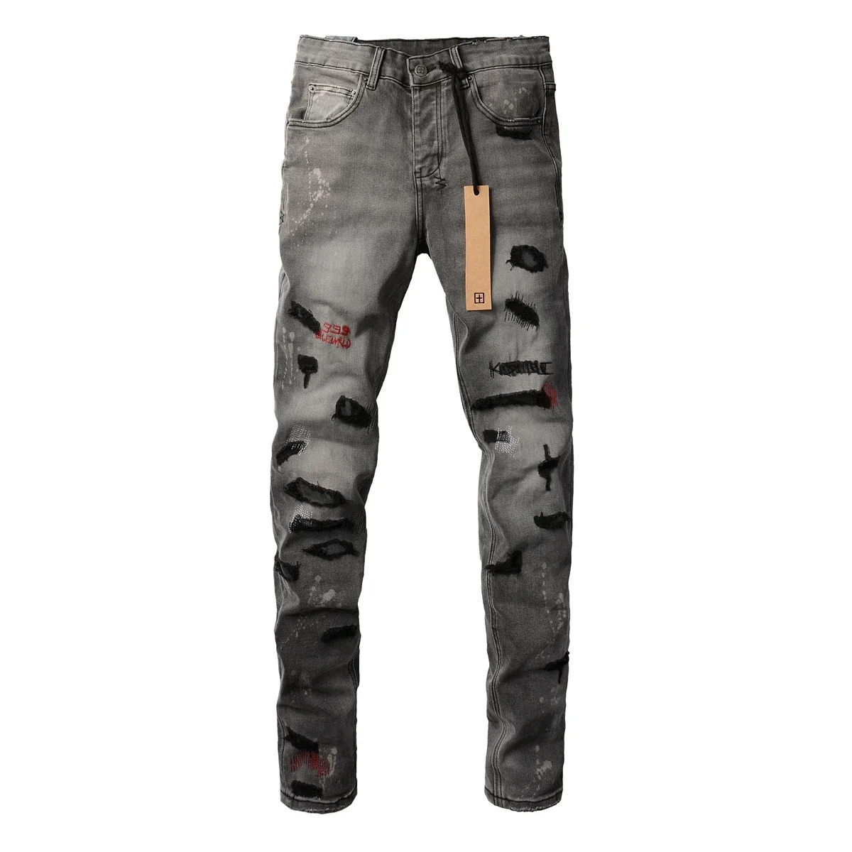 KSUBI Cross Jeans American High Street Splashing ink graffiti Hole Trend Low Rise Skinny Denim Pants Ripped patch Letter Jeans