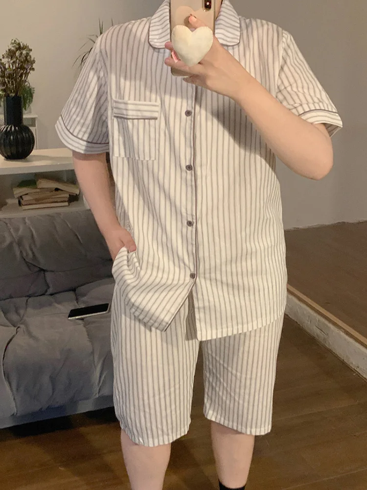 Lovers Simple Vintage Stripe Summer Short Sleeve Half Pants Pajama Set couple Holiday style Real images Loose Casual Vacation