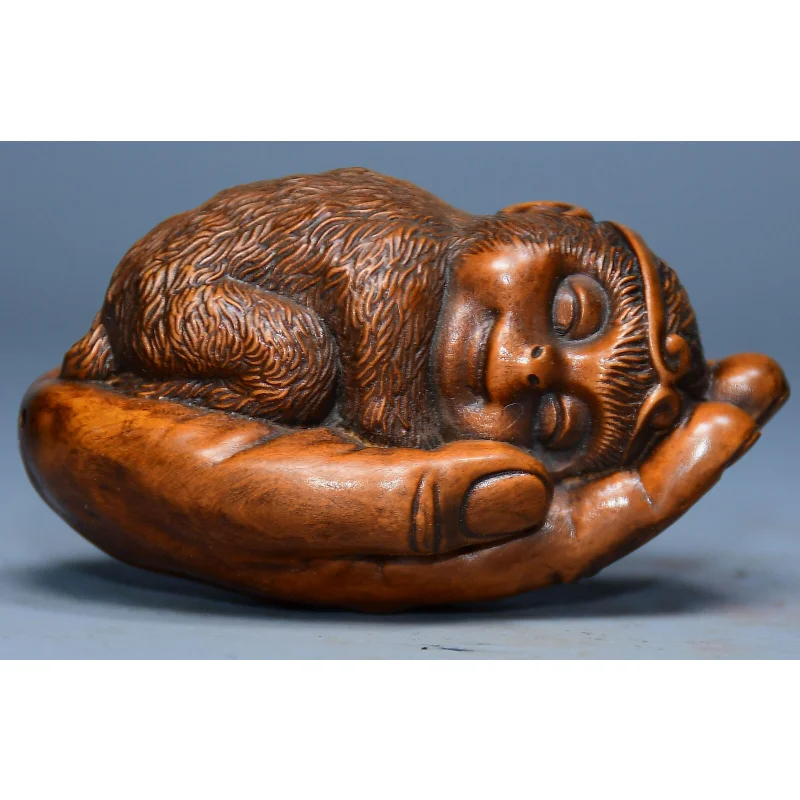 

2.8" Chinese Box-wood Carving Buddha Hand Sun Wukong Handsome Monkey King Statue Craft Gift Decoration Home Decore