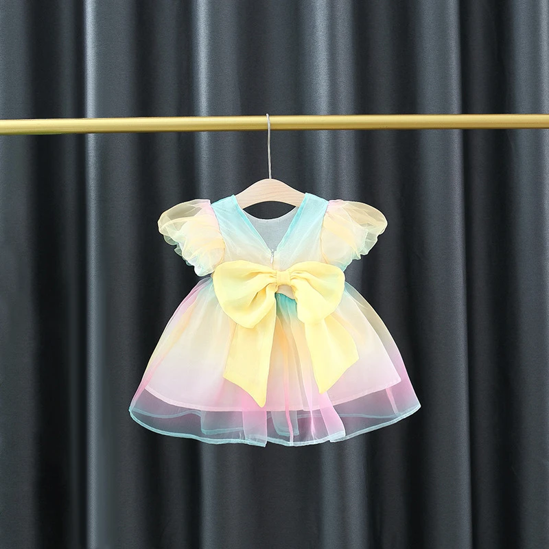 Sweety Bow Detail Tulle Puff-Sleeve Princess Dress Flower Girl Dress Birthday Party Dresses