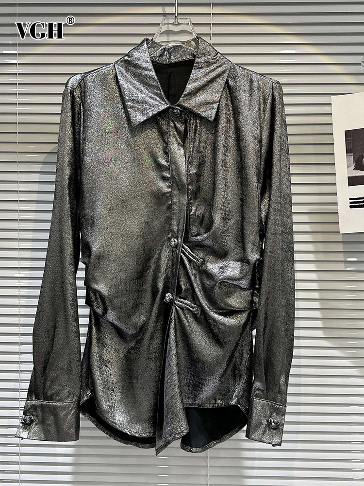 

VGH Solid Patchwork Folds Shirt For Women Lapel Long Sleeve Spliced Single Breasted Asymmetrical Loose Casual Shirts Female New
