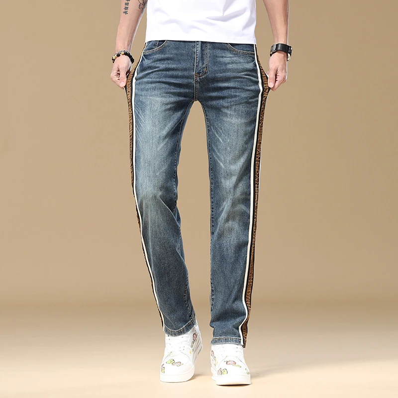 2024Summer Stripes High-End Men's Straight Jeans Blue Embroidery Loose Elastic Fashion Wide-Leg Trousers