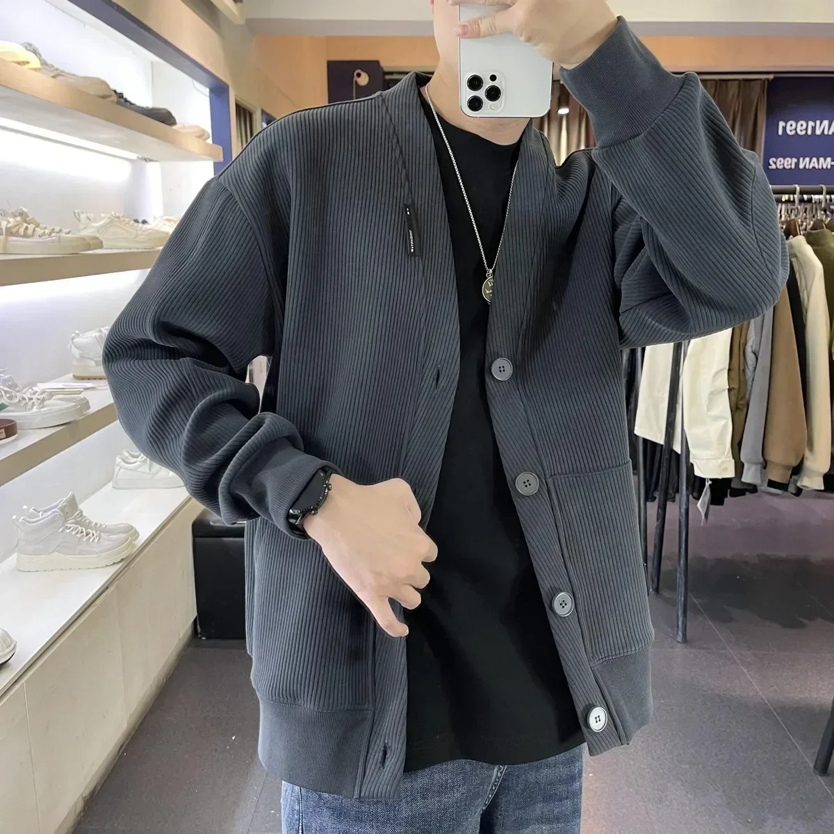 Description Picture 3 of itemMan Clothes with Pockets Knitted Sweaters for Men Cardigan Black Plain Solid Color Korean Autumn Cheap Fashion A Cotton Neck X S