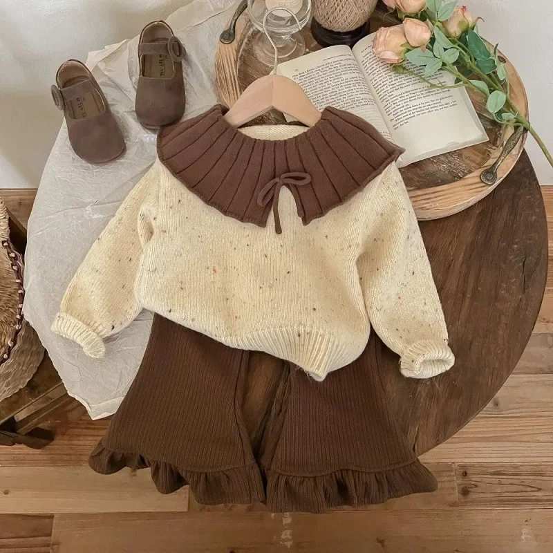 

Korean Suit for Girls Retro Girl Outfits Cardigan Knit Sweater+Flared Pants Autumn 2 Piece Set Girls Top and Bottom Clothes Set