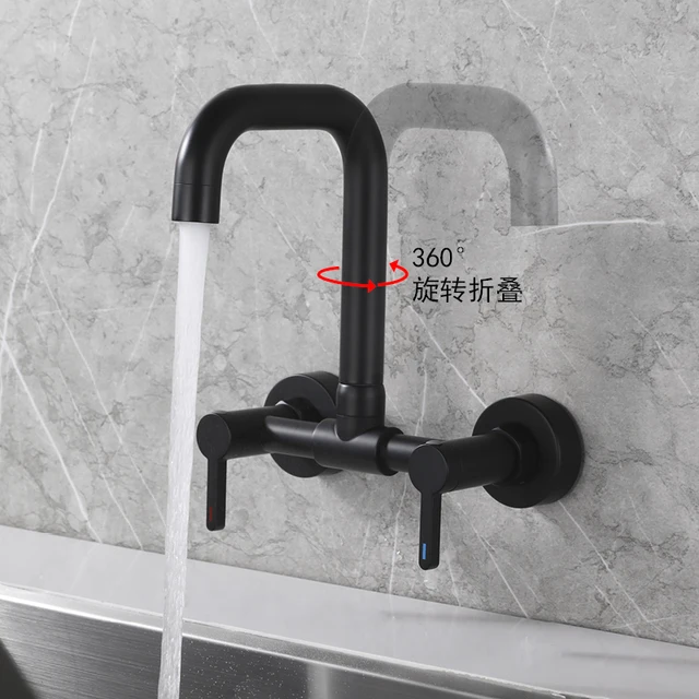 ก๊อกน้ำอ่างล้างจานแบบติดผนัง 2 หัวก๊อก น้ำร้อนน้ำเย็น หมุนได้ 2 รู สีดำด้าน 2