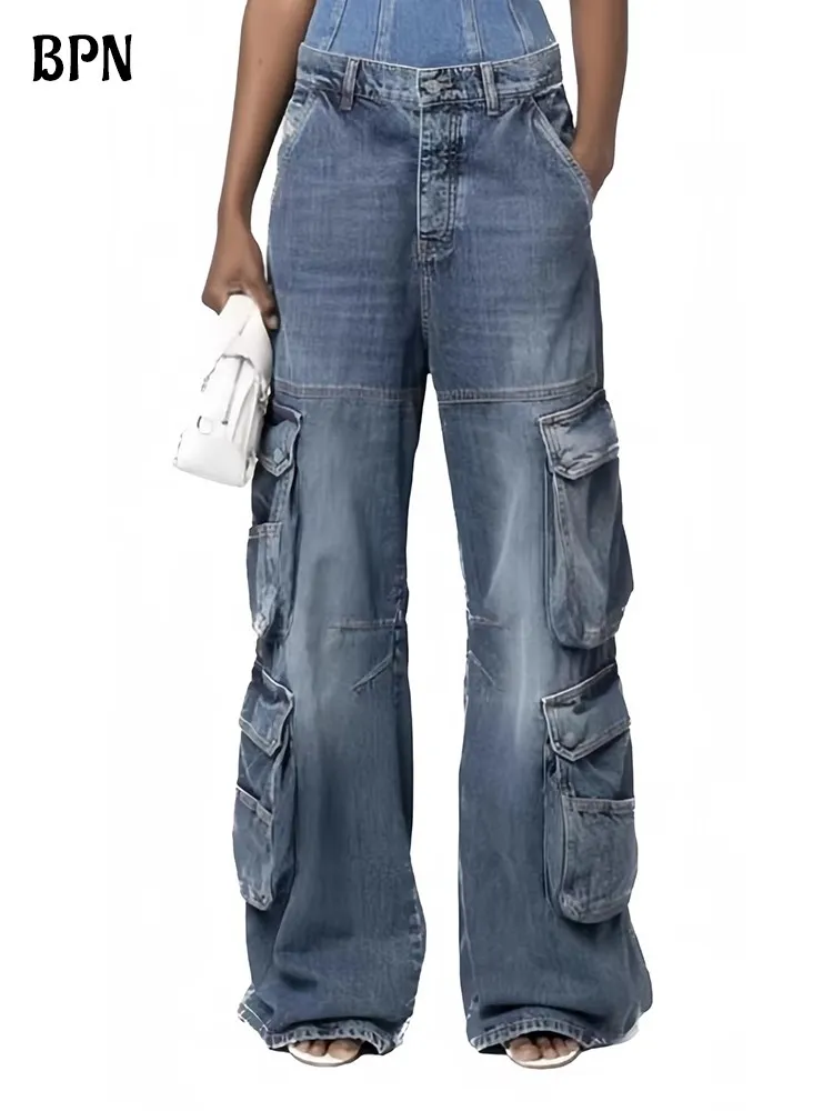 

BPN Solid Patchwork Pockets Fashion Cargo Jeans For Women High Waist Spliced Button Casual Loose Denim Pants Female Clothing New