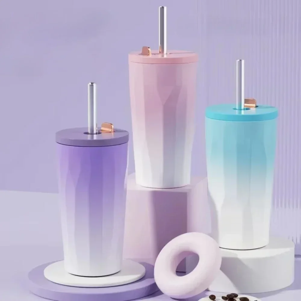 New 304 Double Layer Vacuum Stainless Steel Insulated Cup Automatic Bounce Suction Tube Cup Gradient Strap Cover Coffee Cup liji