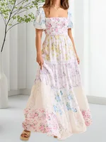 Elegant Floral Print Short Sleeve A-Line Dress with Ruffled Hem for Women Perfect for Cocktail Parties and Streetwear Fashion - Image 4