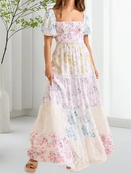 Elegant Floral Print Short Sleeve A-Line Dress with Ruffled Hem for Women Perfect for Cocktail Parties and Streetwear Fashion 4