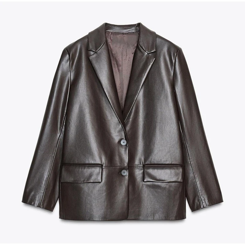 Mode Vintage Dunkelbraun PU Leder Blazer Frauen Revers Kragen Einreiher Taschen Mantel 2025, Herbst Casual Büro Oberbekleidung – Detail 1
