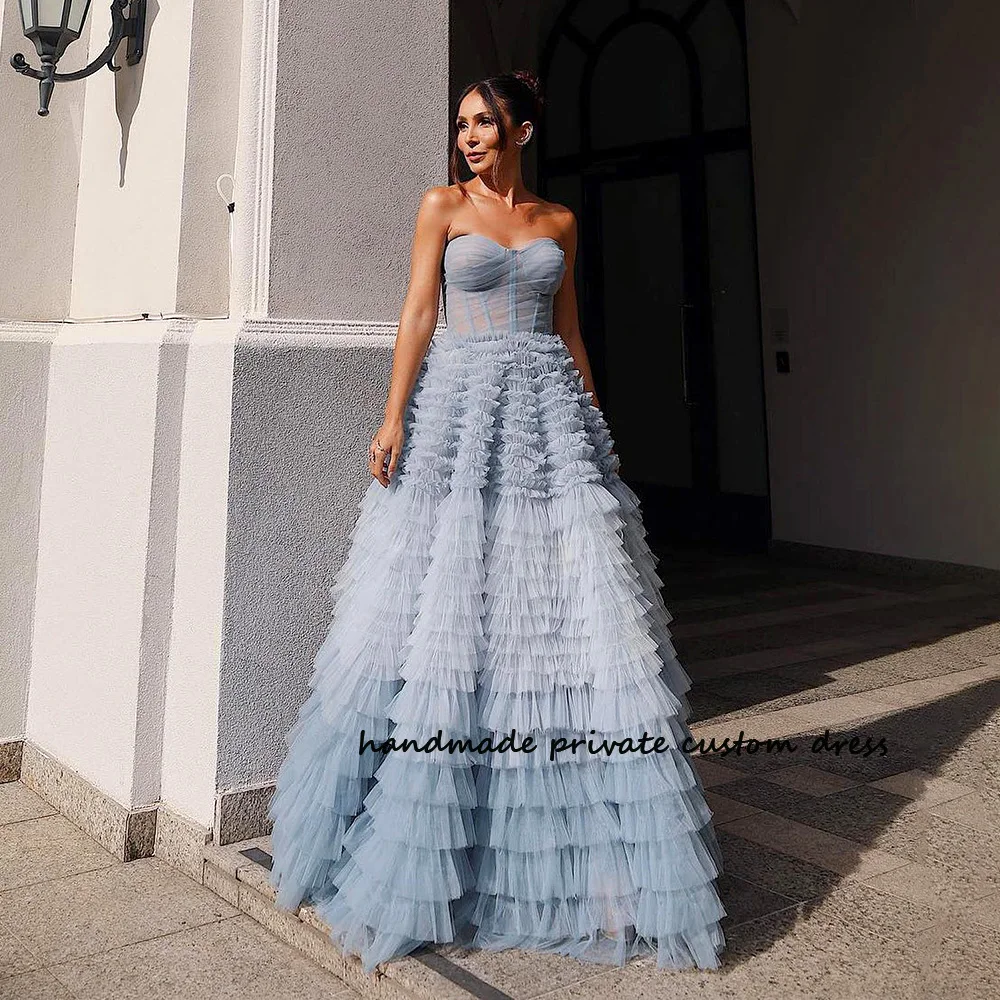

Gradient Blue Sweetheart Evening Party Dresses Tiered Tulle Celebrate Event Dress Customized Floor Length Prom Party Gowns