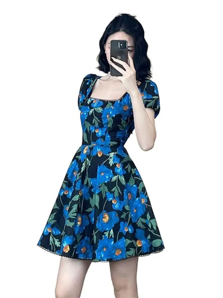 

Elegant Retro Summer Women's Dress Square Neck Puff Short Sleeve Short Dress Black Lace Mini Dress Boho Blue Print Beach Dress