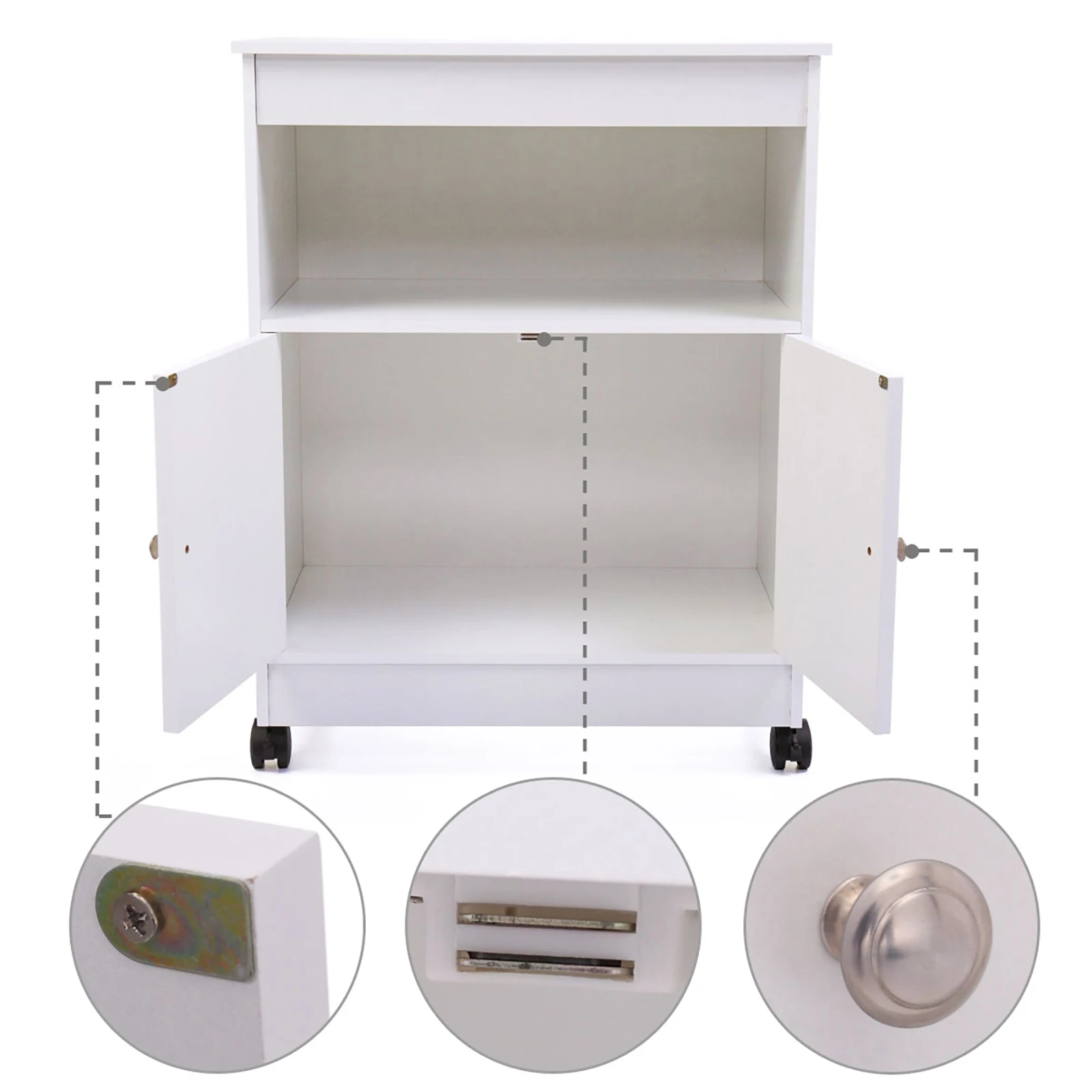 Wood Kitchen Microwave Cabinet Cart with 4 Universal Wheels and Roomy Inner Space for Home Use, White