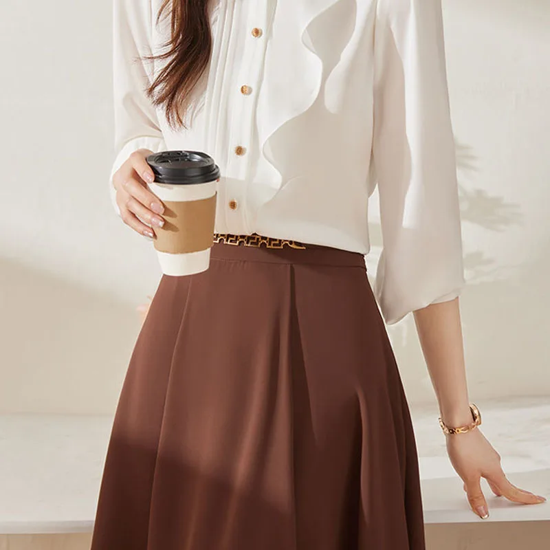 2023 Spring Long Sleeve Tops New Stand Collar Single Breasted Ladies Clothes Solid Color Ruffle Edge Chiffon Shirt