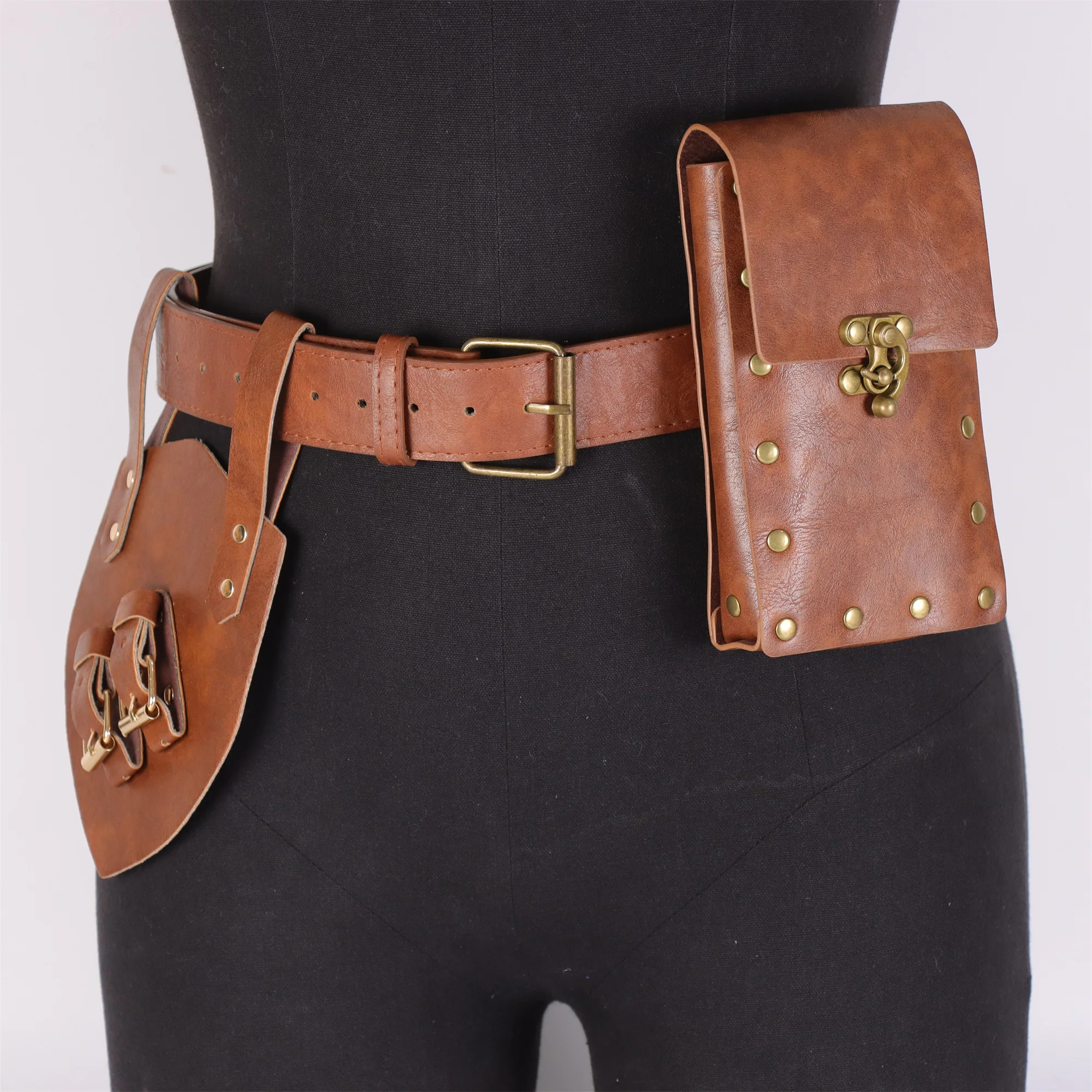 2 Stück/1 Stück Mittelalterlicher Ledergürtel mit Kupfermünzen-Gürteltasche Renaissance-Kostüm Steampunk-Gürtel Rollenspiel Halloween-Gürtelset Cosplay – Detail 6