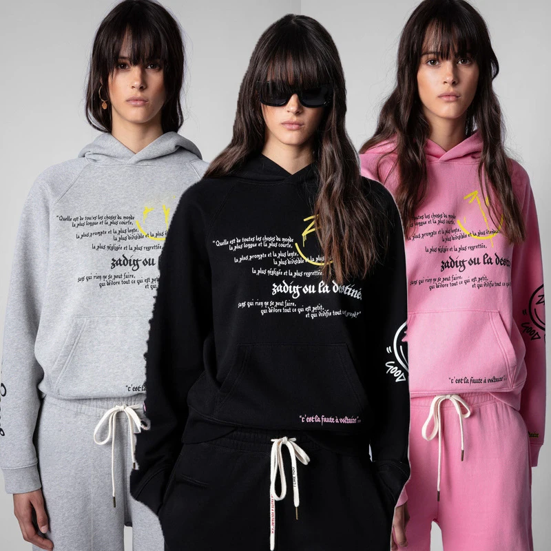 

Zadig Casual Sweatshirt Women Fashion Smile Letter Print Loose Hoodie Pant Set Female Cotton Pullover Pants Long Sleeve Hoodies