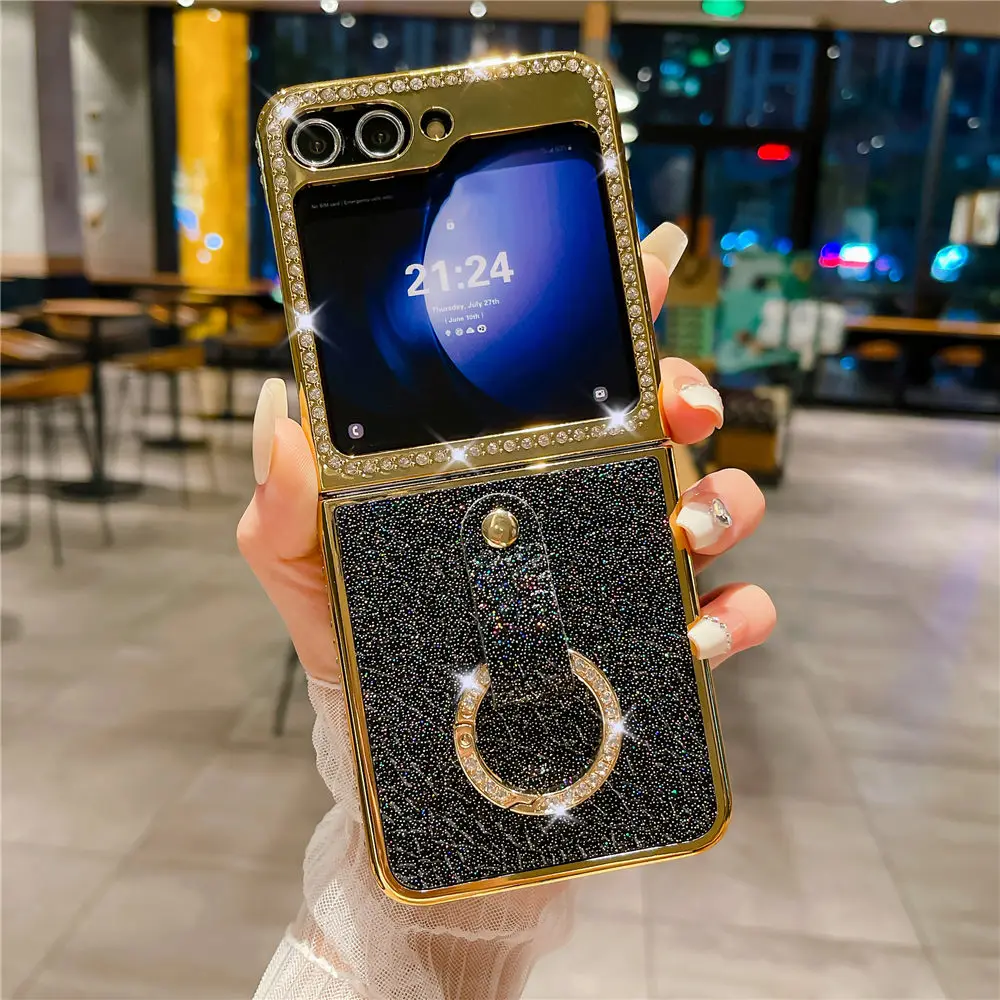 Luxury Bling Diamond PU Leather Plating Case with Ring Holder - Shockproof Cover