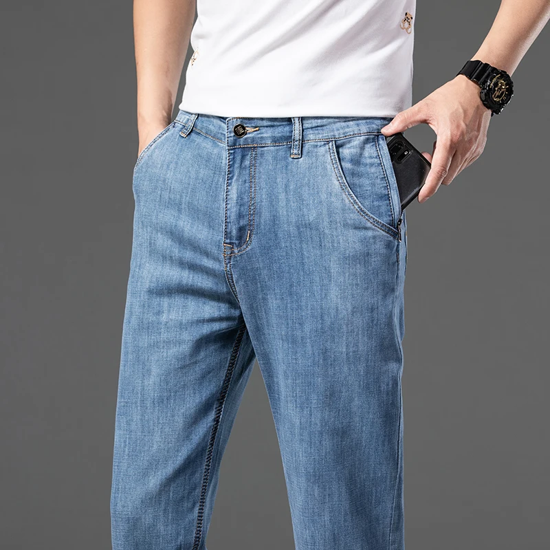 

Classic Style Anti-theft Zipper Pocket Design Thin Jeans Men 2023 Summer New Style Relaxed Straight Denim Pants Male Brand