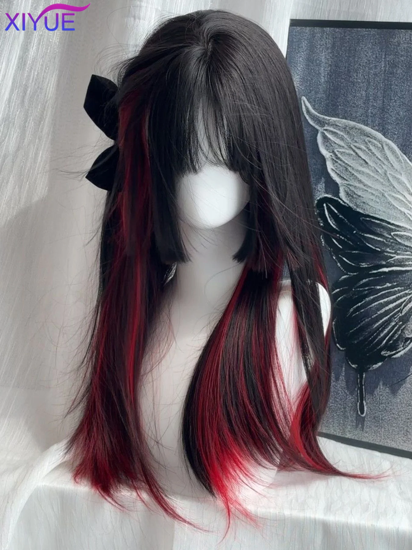 XIYUE Long Straight Cosplay Wig Women Costume Party Black Red Ombre Heat Resistant Synthetic Hair Wigs