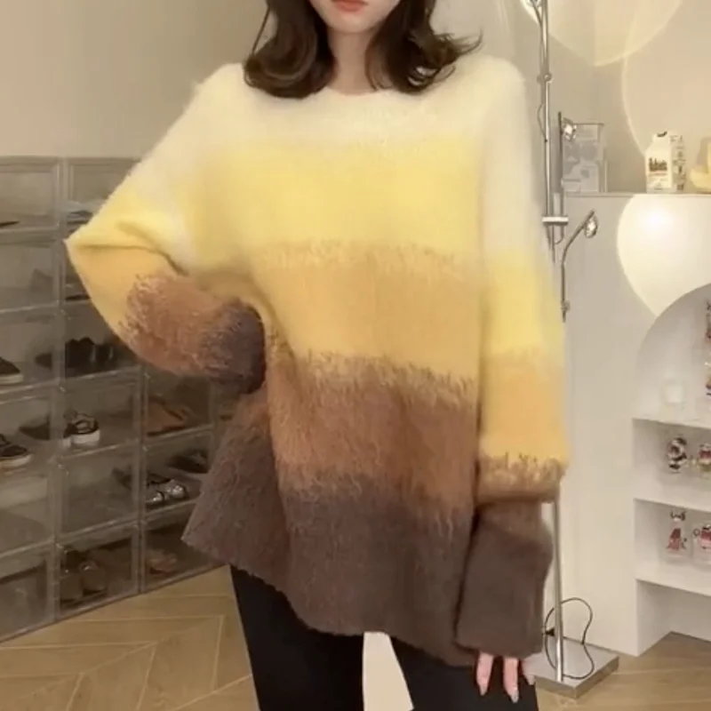 

Ladies Color Striped Mohair Sweater Women's Autumn/Winter New Style Long Sleeve Fashion Korean Loose Outer Wear Retro Knit Top