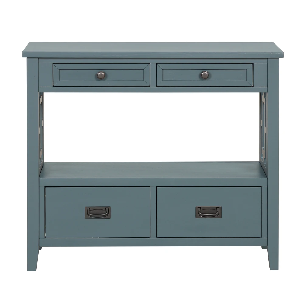 Farmhouse Pine Wood Console Table with Drawers & Storage Shelf in Blue for Entryway/Living Room/Hallway/Kitchen 4