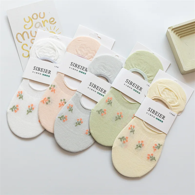 

Invisible Boat Socks for Girls' Anti slip Stripping Small Flower Summer Thin Sweet White Short Socks for Women's Shallow