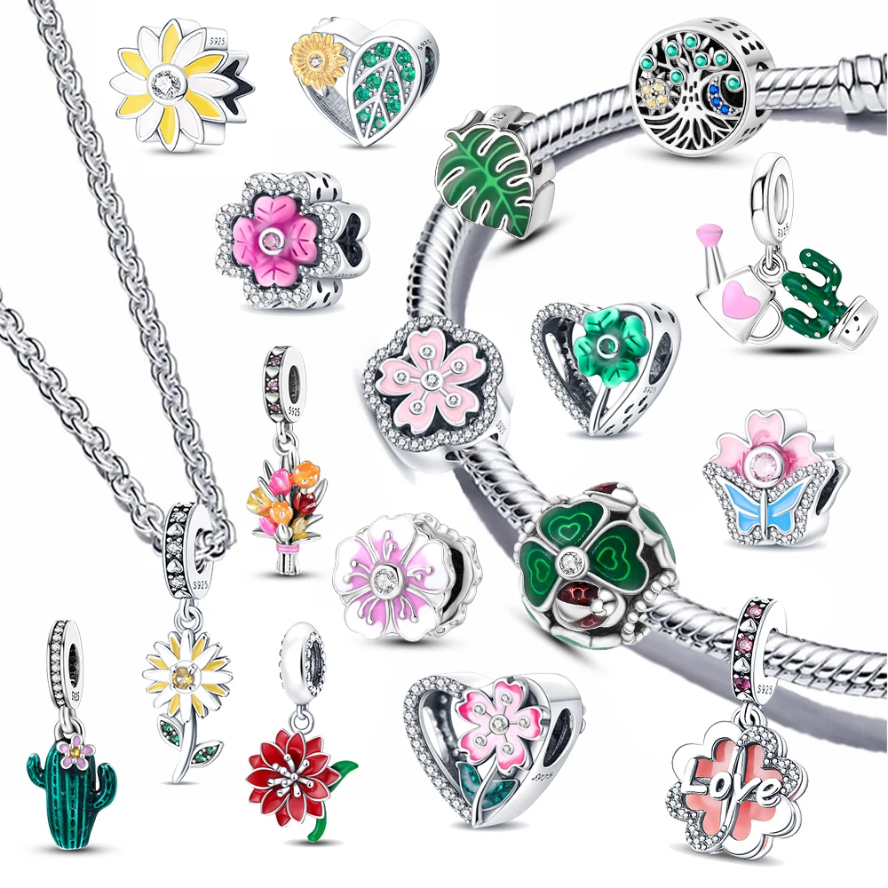 

Flower Series Fit Pandora Original Bracelet 925 Silver Flower Botany Cherry Clover Charms Bead For Woman Girl Diy Jewellery Gift