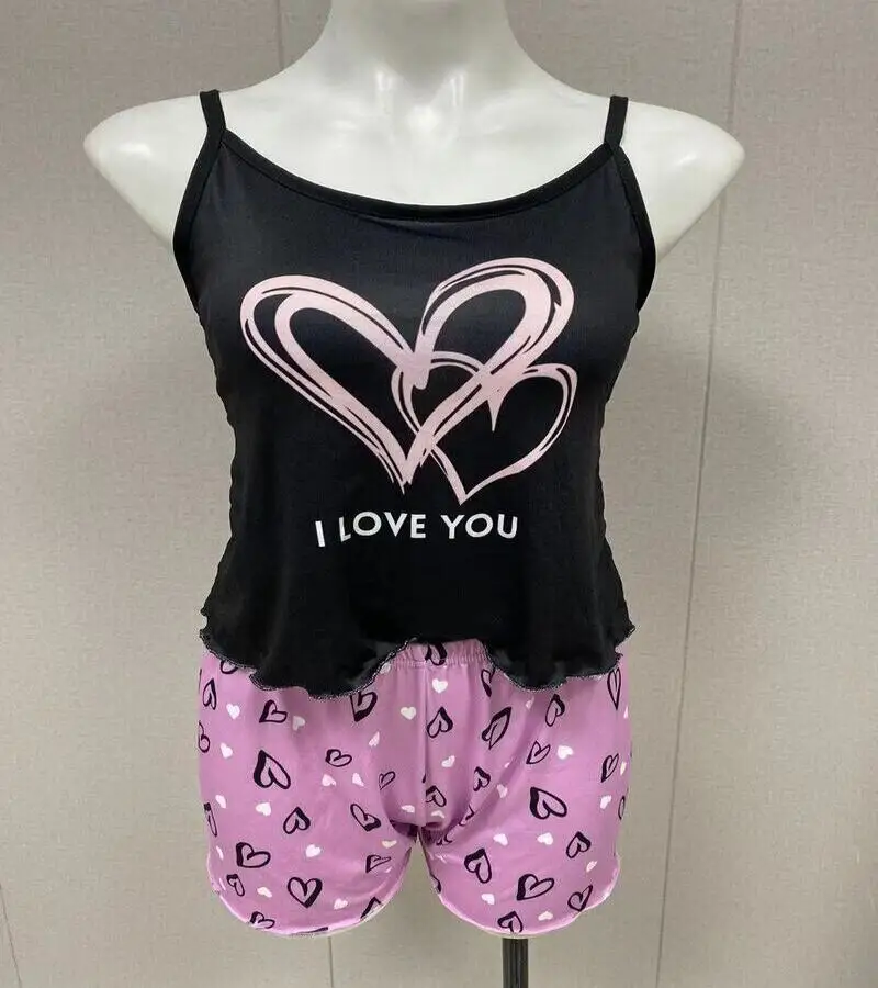Women's Milk Silk Pajamas Set Summer Sleeveless Heart Print Shorts Sleepwear Sexy Comfortable Loungewear Two Piece
