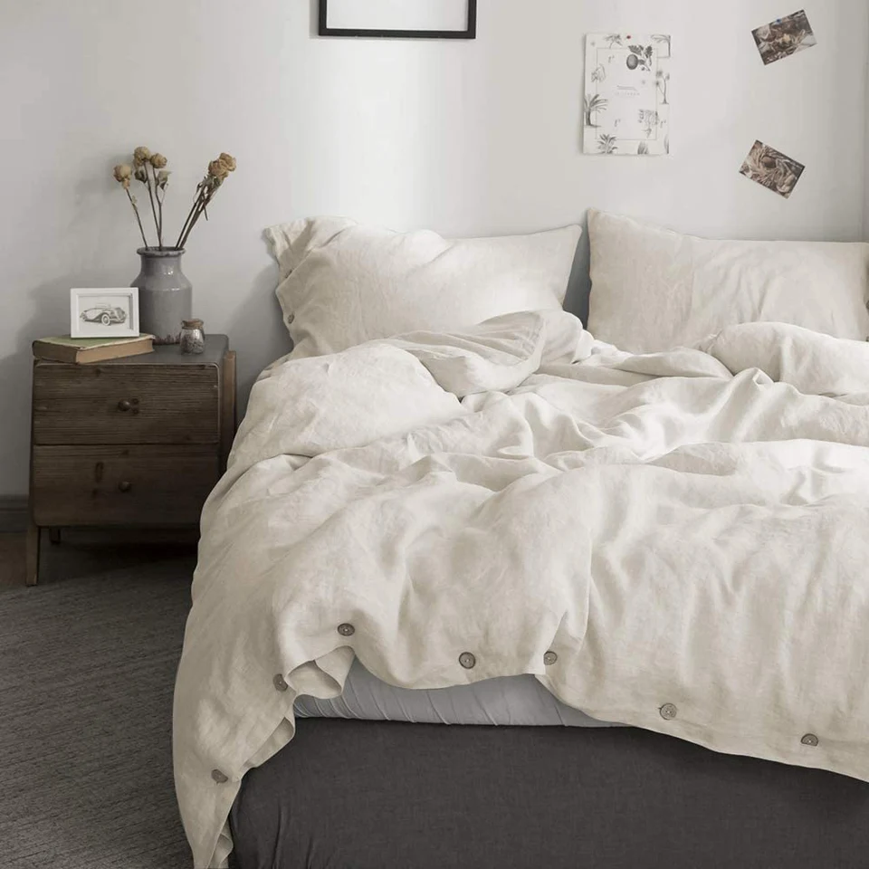 Linen 3Pcs Bedding Set with Coconut Button Closure