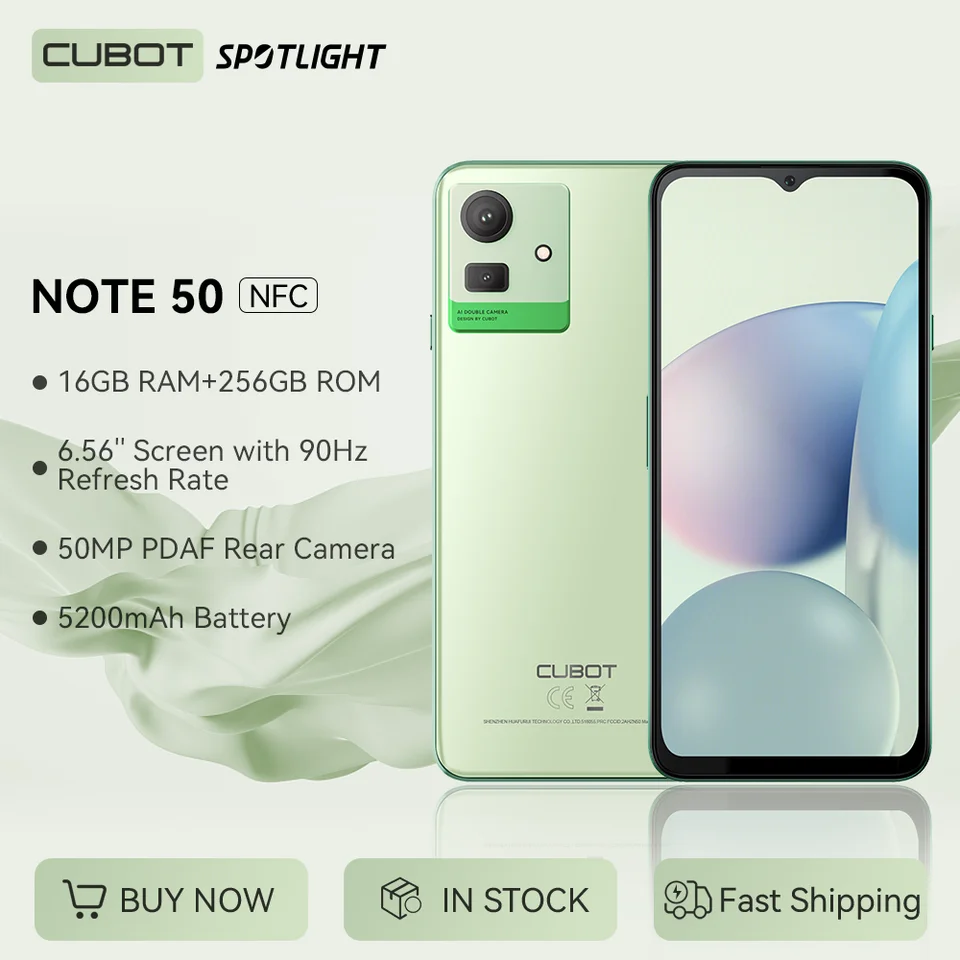 Cubot NOTE 50 Smartphone Android 13, 16GB RAM(8GB+8GB Extended), 256GB ROM,  Octa-core,6.56“ 90Hz Screen,NFC, 50MP Camera,5200mAh - AliExpress