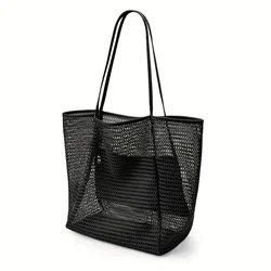 Spacious Women's Beach Tote Bag - Durable Woven Shoulder Bag with Open Top (Black)