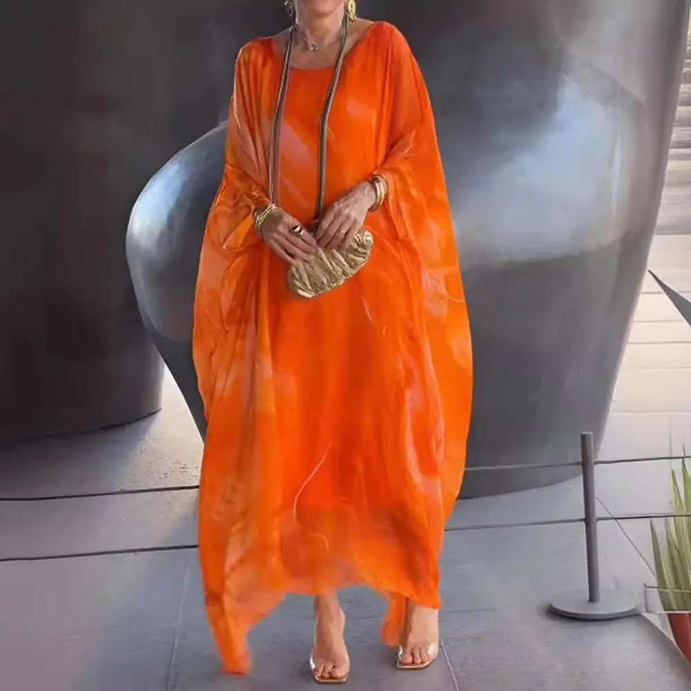 

Long Dress Stylish Women's Double-layered Texture Maxi Dress Flowy Irregular Bat Sleeves Ankle Length Oversized Women Long Dress