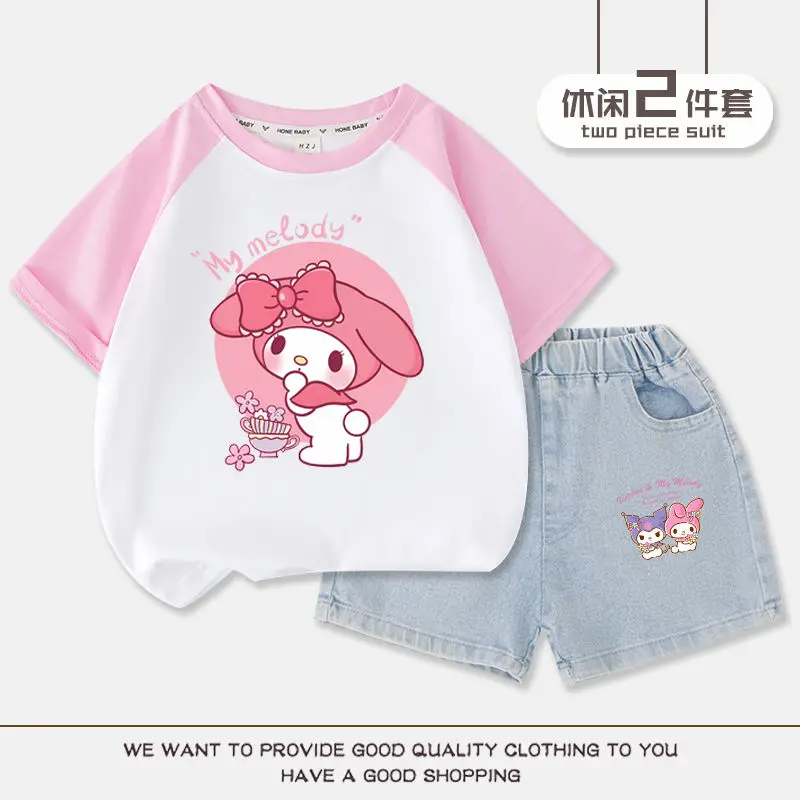 

2024 My Melody Girl T-Shirt Shorts 2Pcs Sanrio Kawaii Anime Print Children Clothes Summer Sweet Cute Cartoon Babys Tops Kid Gift