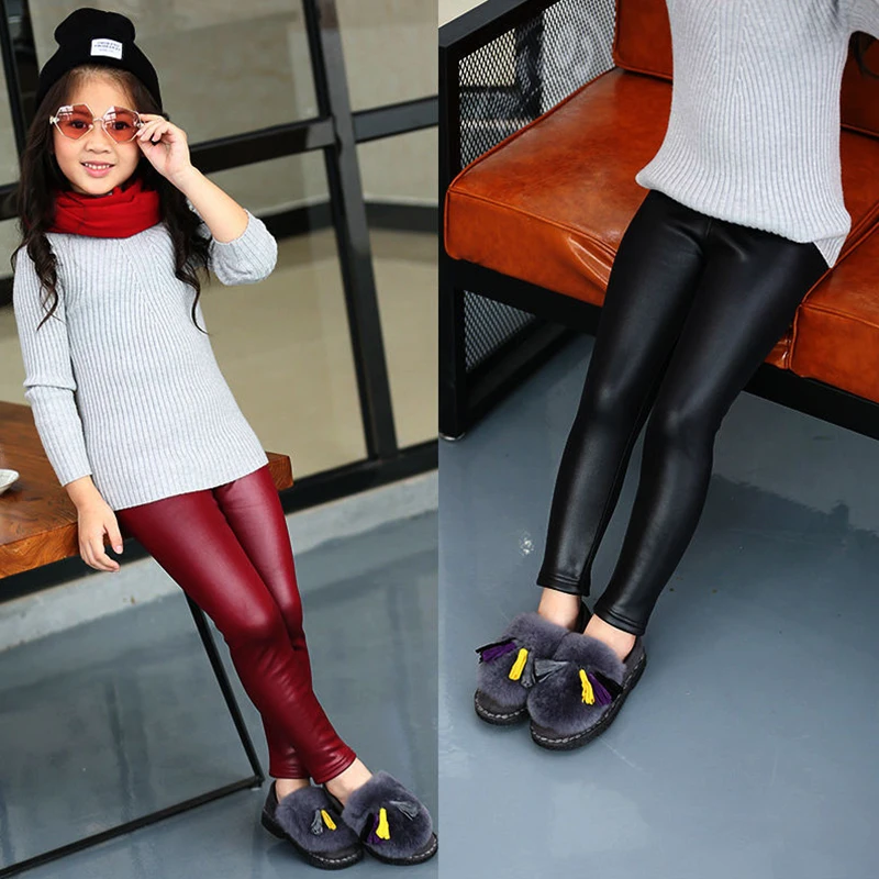Spring Autumn Kids Girl Leggings Baby Girls Boys Skinny Pencil Pants Faux PU Leather Children Leggings Black Wine Color