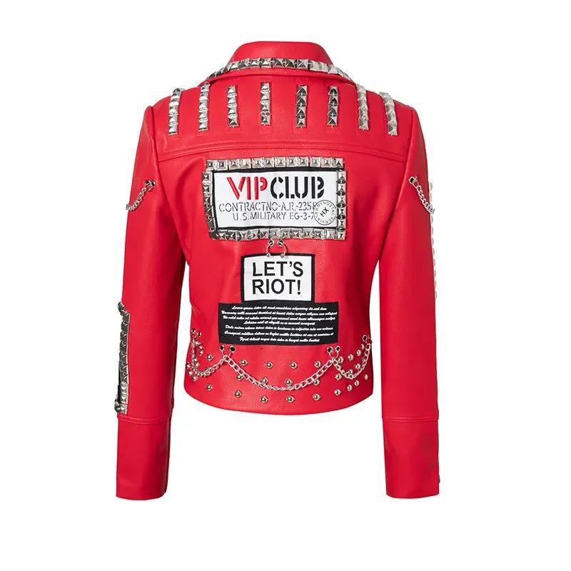 Red Cropped Leather Jacket for Women 2024 Trend Rock Punk Style Streetwear Motorcycle Printed Faux Leather Studded Jacket